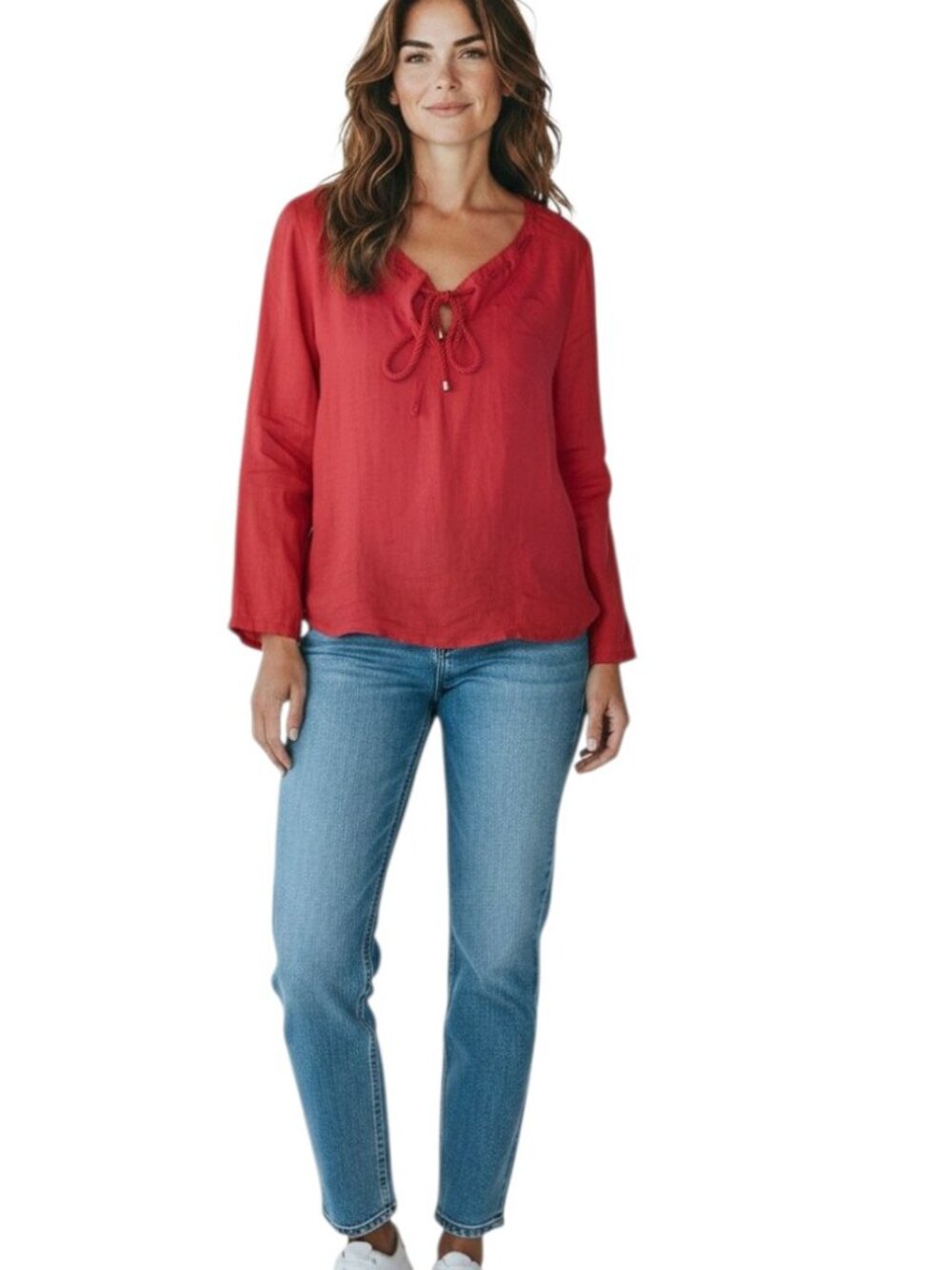 Escada Sport Womens Euro 40 US M Linen Top Tunic Red Tie Front Designer Summer
